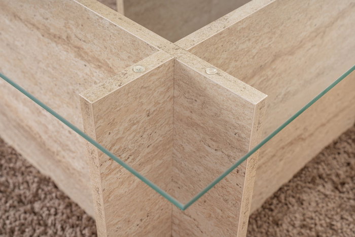 Hanah Home Mesa de Centro Vetrino Mármol Travertino Cristal Templado Melamina 105x40x65 cm